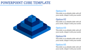 Isometric blue cube pyramid with five stacked levels, paired with descriptive text areas for each layer on the right.
