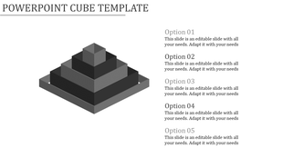 Black and gray cube PPT template with five sections for text options.