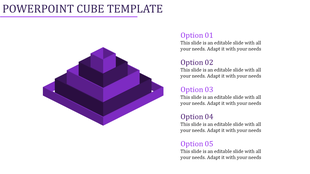 Purple cube PPT template with a tiered pyramid structure and five options for text.