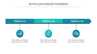 Arrow themed slide with three options labeled, connected to icons representing a growth chart, dollar exchange, and money.