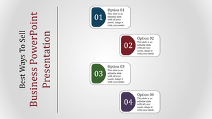 Business slide with four numbered rectangular box in blue, red, green, and purple arranged vertically with placeholder text.