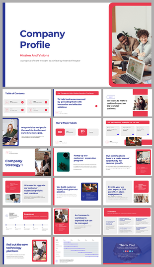 Company Profile PowerPoint slides featuring mission, vision, strategies, goals, and a customer expansion roadmap.