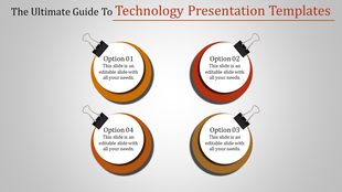 Technology PowerPoint slide featuring four circular options with paperclip icons and placeholder text.
