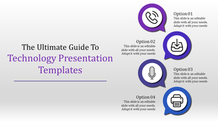 Technology slide with four circular icons in purple and blue speech bubbles, labeled as options with text.