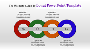 Slide with four colorful donut shapes in red, green, orange, and blue, connected by a gray bar with icons.