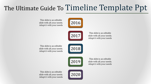 PowerPoint slide featuring a timeline from 2016 to 2020 with placeholder text sections.