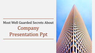 Company slide with clean white text layout and an angled perspective of a skyscraper under a blue sky.