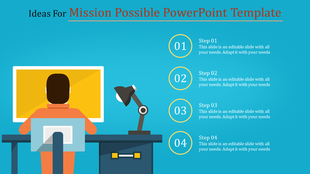 Mission possible slide showing a person at a desk in front of a computer monitor, with four circular step icons.