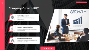 Slide with three growth strategies listed on the left and an image of a team meeting with a graph on the screen.