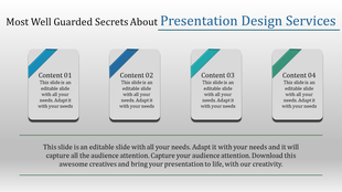 Service design slide with four sections for content, each with a title and text area.