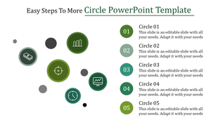Circle PowerPoint template showcasing five green circles, each with a unique icon and description for different steps.
