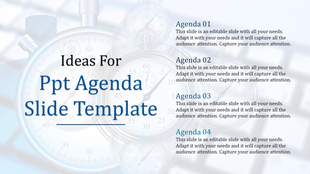 Template with four agenda items numbered 01 to 04, set against a time-themed background with clocks and stopwatches.