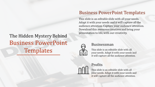 Business PPT slide featuring sections for businessman and profits with text and icons, set against a blurred background.