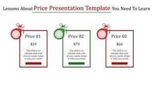 A price presentation PPT template featuring three price options, each with a price tag icon and a description.