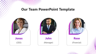 Team introduction slide with three circular profile images labeled Jonas, John, and Rose in purple-themed cards.