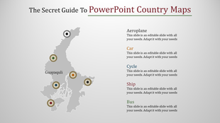 Gray country map with location markers labeled with transportation modes, paired with descriptive text on the right.