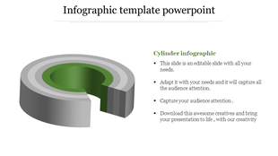 Infographic template with a 3D cylinder in green and gray layers, highlighting with a placeholder text areas.
