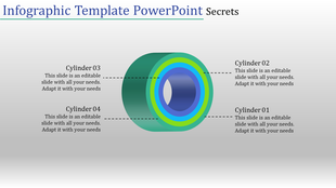 Infographic template showing a 3D stack of cylinders in shades of green, blue, and cyan, with labels and caption areas.