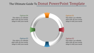 Circular donut chart template with four sections in different colors, each with a description area.