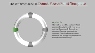 Slide featuring a 3D donut chart with a highlighted green section and descriptive text on a gray background.