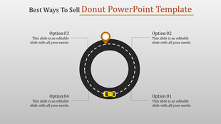Donut shaped PowerPoint template with options placed around a circular path, featuring a yellow car moving along the road.
