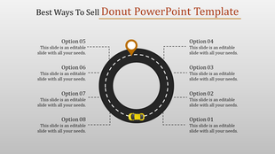 Circular road themed donut slide with eight labeled options around a looped road graphic, featuring a car and a location pin.