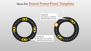 Slide showing two black circular tracks with yellow cars, white dashed lines, and labeled captions over a gray background.