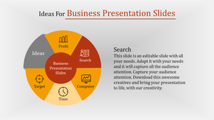 Colorful six segmented circle illustrating business strategies, featuring yellow, orange, and gray sections with icons.