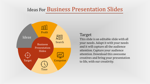 Infographic showcasing a segmented circle with icons and labels for business elements like profit and target.