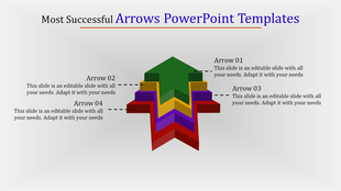 Multicolored arrow stack pointing upward, symbolizing progress, with labeled captions on both sides.