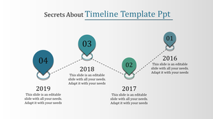 Timeline infographic with four teal markers connected by dashed lines, labeled 2016 to 2019, paired with text boxes.