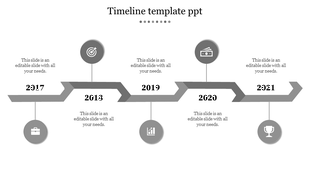 Grayscale zigzag timeline with circular icons, bold black text, and milestone markers extending from 2017 to 2021.