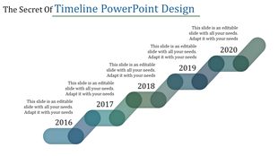 Timeline PowerPoint slide showing years from 2016 to 2020 with a smooth, flowing design and captions.