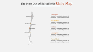 Chile map featuring city markers for Antofagasta, Viña del Mar, Santiago, Los Angeles, and Puerto Montt on the side.