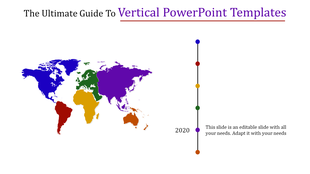 World map in bold colors on the left and a vertical timeline with colorful markers and text on the right for 2020.