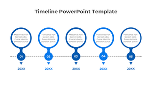 Horizontal timeline template with five blue markers labeled 01 to 05 and placeholders text areas for 20XX years.