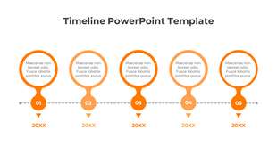 PowerPoint timeline template with five milestones, each marked with an orange circular icon and space for text.