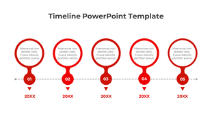 Horizontal timeline design with red circles, numbered 01 to 05, connected by a dashed line and triangular arrows.