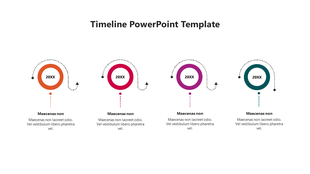 Horizontal timeline template with four color-coded circles representing milestones and placeholder text.