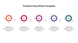 Timeline design featuring orange, pink, purple, and teal circles with dotted lines and placeholders text areas.