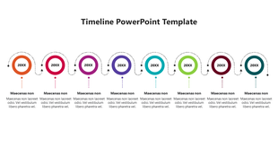 Timeline slide with eight colorful circular milestones, connected with dotted arrows, and captions below.
