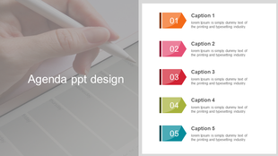Agenda design showing five numbered colorful tabs in orange, pink, red, green, and teal with captions on the right.