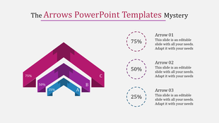 Three layered arrow design in pink, purple, and blue, with  circular percentages and descriptions on the right.