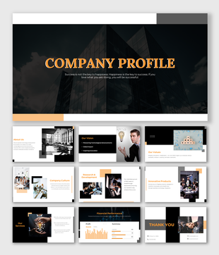 Company profile slide deck with a dark modern theme, featuring text, charts, images, and sections like vision and services.