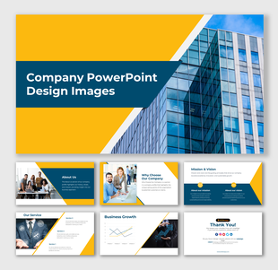 Company PowerPoint design template with modern business and service images, including about us and business growth slides.