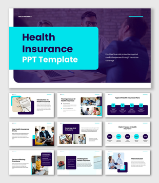 Health Insurance Presentation with teal theme, medical visuals, plan icons, charts, and clean text layouts.
