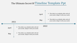 Timeline PPT template with entries for April and May 2021 and 2022 with placeholder text.