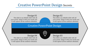 Hexagonal layout with four text areas, featuring a blue and black central bar, on a white background.