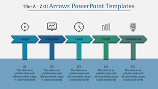 Infographic slide with five arrows representing key topics, accompanied by corresponding captions and simple line icons.