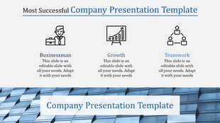 Corporate themed layout showcasing three black icons and captions, on a modern blue grid background.